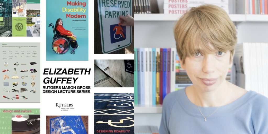 Split image of image 1: screenshot of the Guffey’s website: elizabethguffey.com A grid of colorful posters designed with photography and typography, reading "Elizabeth Guffey Rutgers Mason Gross School of the Arts Design Lecture Series". Image 2: headshot of Guffey in a pale blue top behind a bookcase 